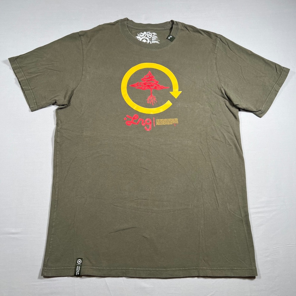 LRG Lifted Research Group T-Shirt Mens XL Olive Green Graphic Tree‎ Logo Y2K